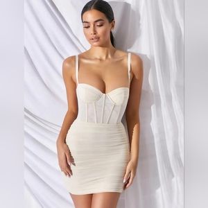 White Spaghetti Strap Sleeveless Ruched Mini Dress